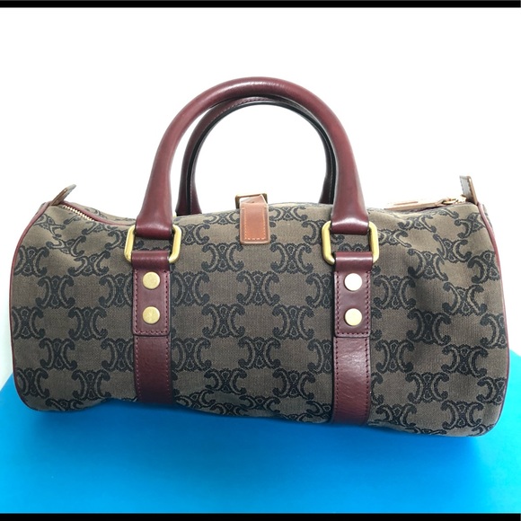 EUC Celine Paris Polochon brown logo burgundy leather satchel boston hand bag - Picture 4 of 10